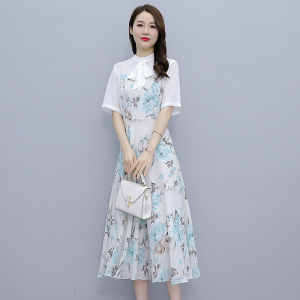 RM5830#拼接白色连衣裙女2023春夏新款飘带领高级感显瘦减龄气质印花长裙