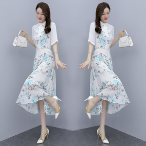 RM5830#拼接白色连衣裙女2023春夏新款飘带领高级感显瘦减龄气质印花长裙