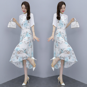 RM5830#拼接白色连衣裙女2023春夏新款飘带领高级感显瘦减龄气质印花长裙