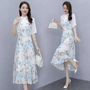 RM5830#拼接白色连衣裙女2023春夏新款飘带领高级感显瘦减龄气质印花长裙