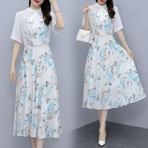 RM5830#拼接白色连衣裙女2023春夏新款飘带领高级感显瘦减龄气质印花长裙