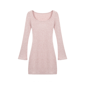TR10357# 春装新款粉色修身外穿内搭方领喇叭袖针织连衣裙短裙女潮 服装批发女装服饰货源