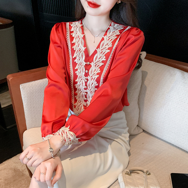 RM2751#新款设计感V领红色简约衬衫时尚通勤百搭OL风衬衣女