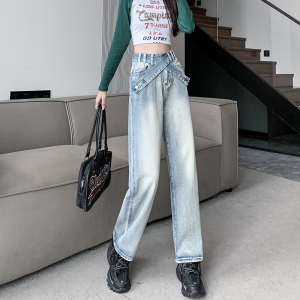 RM852#大码高街美式设计感牛仔长裤女高腰宽松显瘦水洗直筒裤子潮流