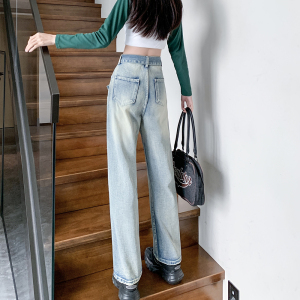 RM852#大码高街美式设计感牛仔长裤女高腰宽松显瘦水洗直筒裤子潮流