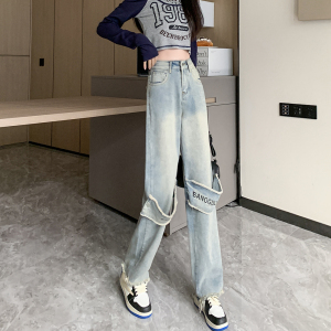 RM853#大码美式复古牛仔裤女潮牌设计感高腰直筒显瘦长裤小众高街潮