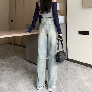 RM853#大码美式复古牛仔裤女潮牌设计感高腰直筒显瘦长裤小众高街潮