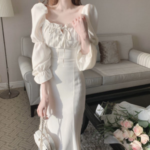 RM5619#韩版 INS 法式甜美方领拼接褶皱木耳边喇叭袖包臀鱼尾连衣裙