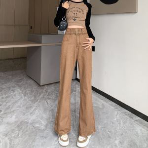 RM855#大码美式复古小众牛仔裤女新款高腰遮肉显瘦咖啡色长裤子潮流