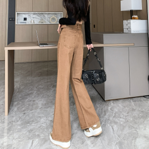 RM855#大码美式复古小众牛仔裤女新款高腰遮肉显瘦咖啡色长裤子潮流