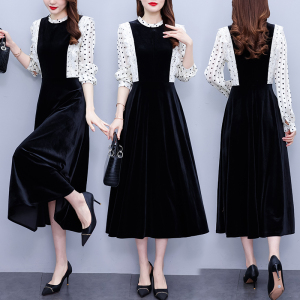 RM2875#法式复古黑色连衣裙 装新款女蕾丝拼接气质丝绒中长裙韩版