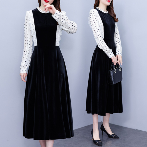 RM2875#法式复古黑色连衣裙 装新款女蕾丝拼接气质丝绒中长裙韩版