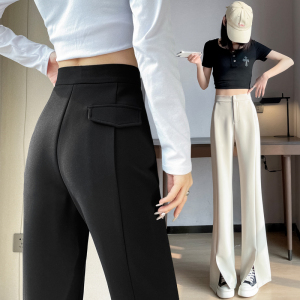 RM5858#春夏西装裤高腰窄版直筒阔腿裤开叉微喇休闲拖地裤女