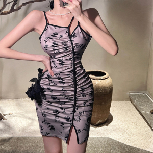 Pleated printed tight-fitting suspender design feeling buttock skirt dress
