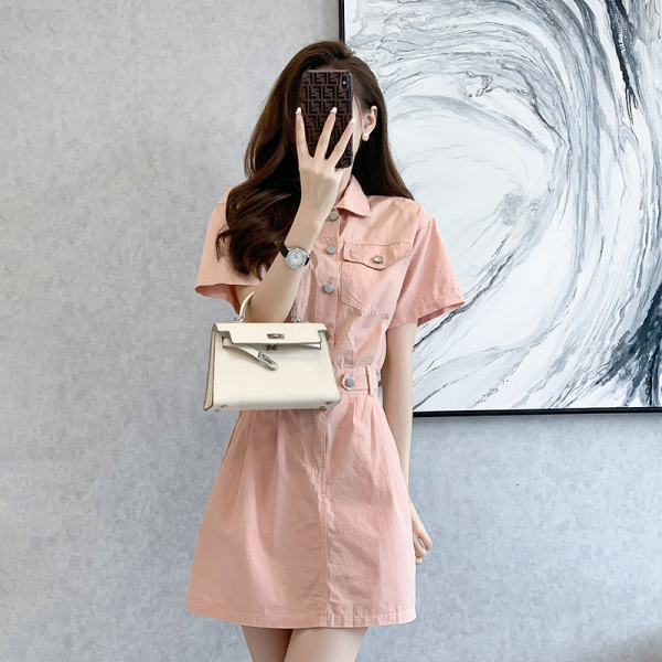 RM4012#夏季新款复古工装休闲连衣裙甜美短裙衬衫领港风