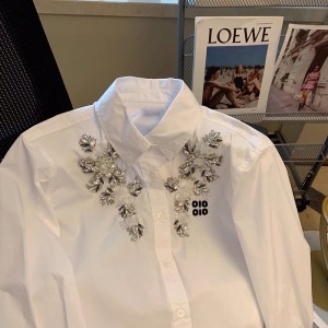 TR10432# 白色重工钉珠长袖衬衫女春设计感小众新款时尚气质Polo领衬衣 服装批发女装服饰货源