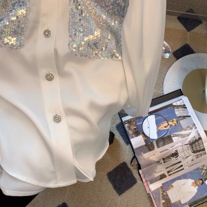 RM921#法式重工拼接亮片白色衬衫 新款时尚气质长袖高级感衬衣