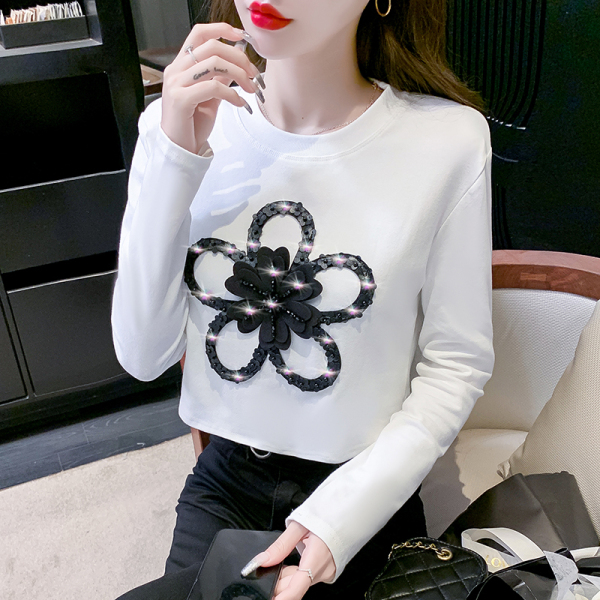 RM673#体恤长袖镶钻花朵上衣修身短款简约甜美圆领女装