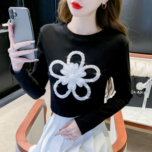 RM673#体恤长袖镶钻花朵上衣修身短款简约甜美圆领女装