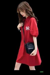 TR21142# 红色连衣裙女夏泡泡袖Polo领休闲直筒裙小个子大码微胖运动T恤裙 服装批发女装服饰货源