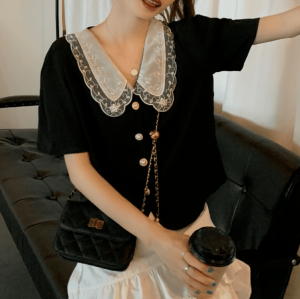 RM37#夏装新款法式娃娃领短款上衣甜美宽松大码女装衬衫M-4XL200斤