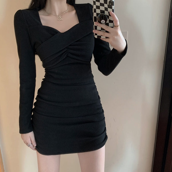 RM2057#黑色V领小黑裙 新款辣妹纯欲褶皱打底包臀裙修身显瘦连衣裙