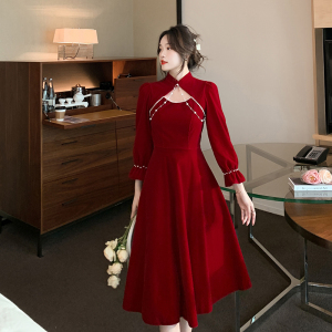 BF45#冬季订婚秋季晚礼服裙女酒红色中式丝绒裙