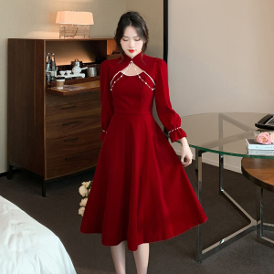 BF45#冬季订婚秋季晚礼服裙女酒红色中式丝绒裙