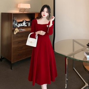 BF46#名媛甜美气质长袖方领钉珠连衣裙敬酒服新娘酒红色订婚礼服
