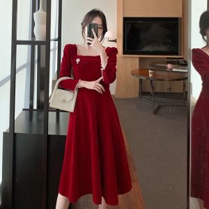 BF46#名媛甜美气质长袖方领钉珠连衣裙敬酒服新娘酒红色订婚礼服