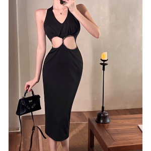 TR11010# 新款女装法式黑裙小性感挂脖式镂空修身包臀礼服连衣裙 服装批发女装服饰货源