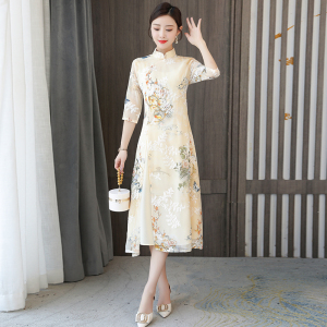 RM1436#雪纺印花重工刺绣 改良旗袍连衣裙
