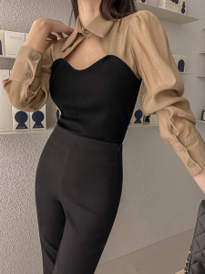 TR11020# 新款淑女韩版气质Polo领衬衫拼接针织假两件长袖上衣 服装批发女装服饰货源