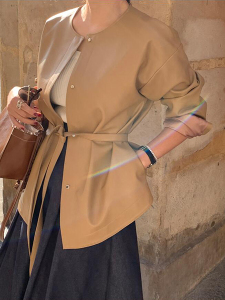 TR11024# 春装新款韩版系带皮衣圆领单排扣简约高质感外套 服装批发女装服饰货源