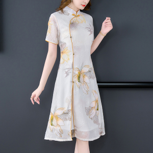 RM1437#印花刺绣改良旗袍连衣裙