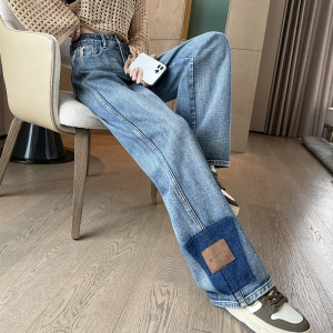 RM882#复古蓝阔腿牛仔裤女 新款撞色皮标小个子直筒垂感拖地裤