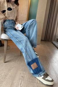 RM882#复古蓝阔腿牛仔裤女 新款撞色皮标小个子直筒垂感拖地裤