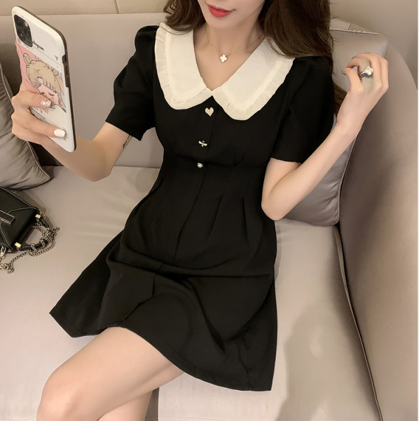 RM46#夏季新款大码女装娃娃领黑色裙子收腰气质短袖连衣裙 M-4XL20...