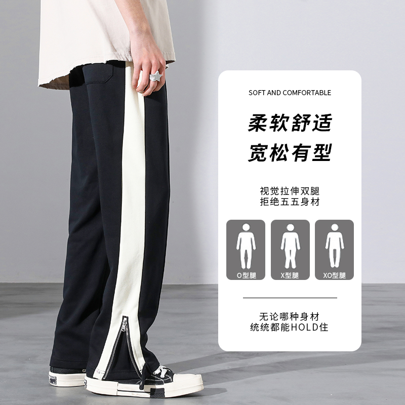 實拍春季美式高街衛褲寬松直筒腳口拉鏈條紋拼接休閑長褲男