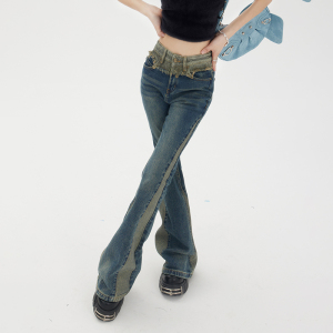 RM1263#辣妹拽姐腿型修正机视觉大长腿拖地显瘦拼接微喇叭阔腿牛仔裤