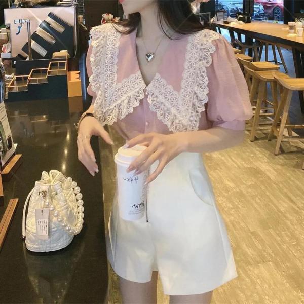 RM2101#夏装蕾丝重工娃娃领甜美气质大码衬衫女夏设计感上衣 M-4XL...