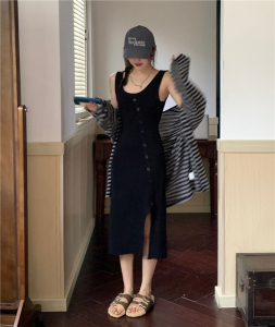 TR10483# 春季新款韩版修身气质开衩针织吊带连衣裙女 服装批发女装服饰货源