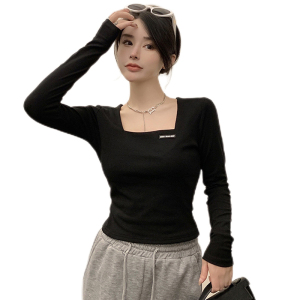 RM70#新款长袖T恤女修身纯棉打底衫气质简约高腰短款上衣
