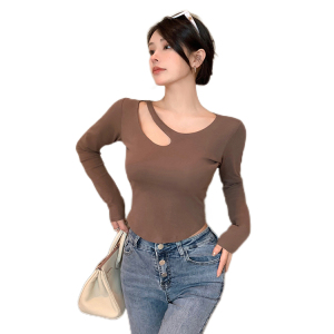 RM71#新款设计感镂空性感长袖T恤女修身打底衫短款上衣潮