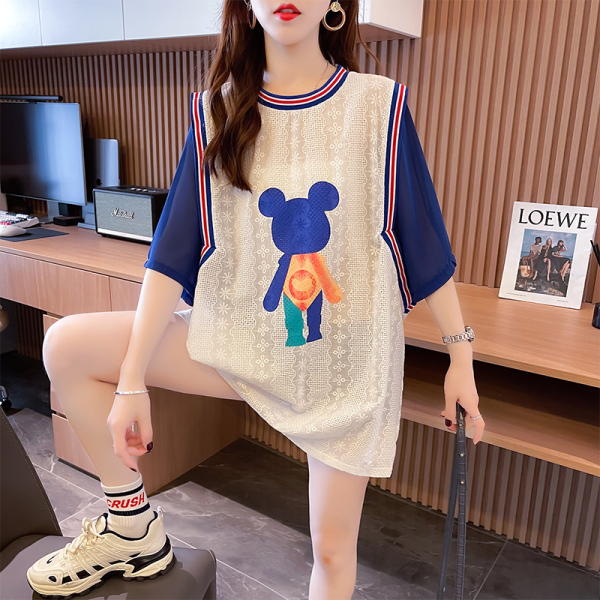 BF145#夏装韩版宽松印花卡通拼接插色大码女装中长款短袖T恤女