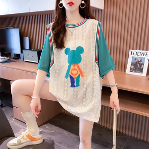 BF145#夏装韩版宽松印花卡通拼接插色大码女装中长款短袖T恤女