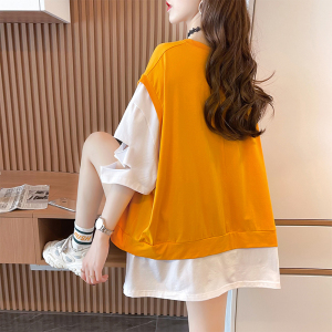 BF148#夏装韩版宽松设计感破洞拼接假两件大码女装中长款t恤女