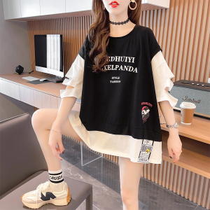 BF148#夏装韩版宽松设计感破洞拼接假两件大码女装中长款t恤女