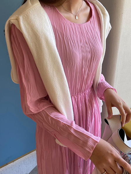 RM1117#新款韩版时尚褶皱长袖连衣裙压折长裙
