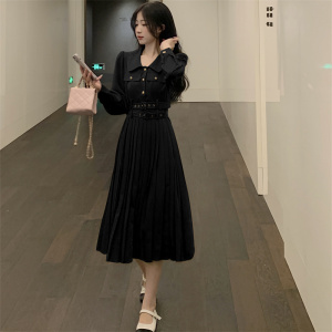 RM4411#新款法式气质名媛高级感长袖连衣裙长款百褶裙